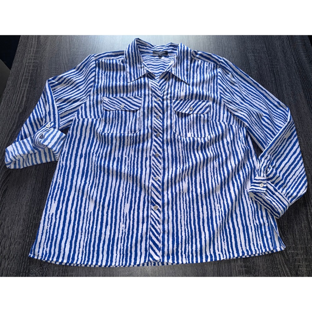 Notations Women XL Blue White Striped Nautical Coastal Long Sleeve Sleeve Blouse